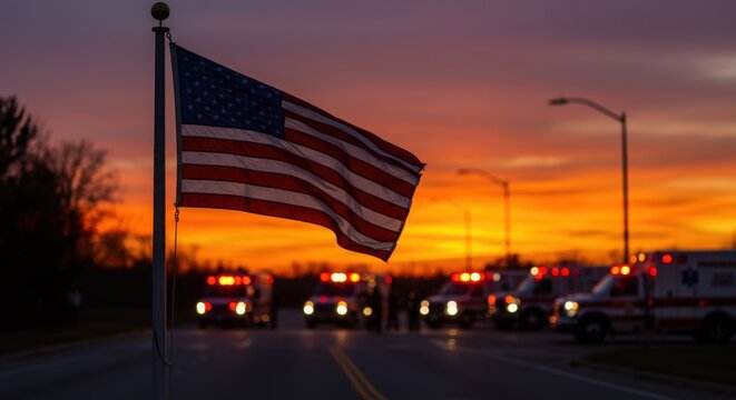 Waving American flag foreground with blurred ambulances and red lights, orange purple sunset sky, patriotic emergency response concept
- Powered by Adobe