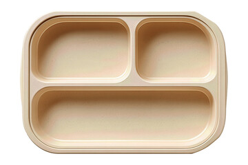 A sand-beige bamboo-fiber bento tray with matte finish, one deep cavity and two smaller compartments, isolated on transparent background.
