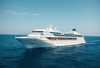 Sleek white cruise ship sailing on calm blue ocean,  clipart,  ocean