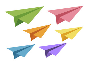 Collection of colorful origami paper plane flying in various direction on white background. Minimalistic design for concept of freedom, communication, and journey.