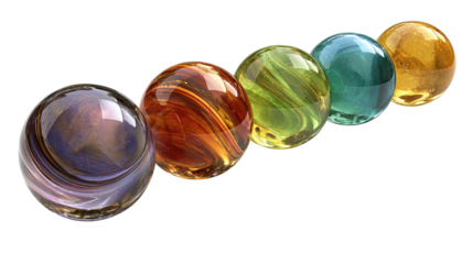 A curved row of five glossy planet tokens in amethyst, coral, lime, cyan, and amber with swirling surface bands, isolated on transparent background.
