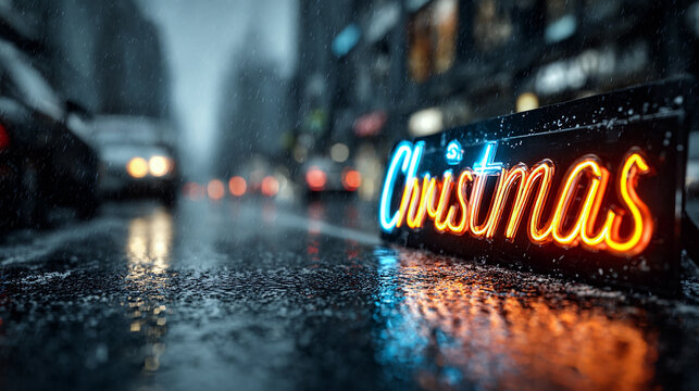 3D Christmas neon sign over snowy city