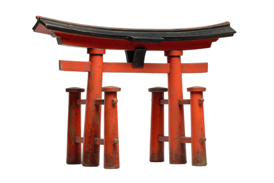 A lacquered vermilion torii gate miniature with black cap beams and visible wood grain, viewed slightly from below, isolated on transparent background.
 - Powered by Adobe