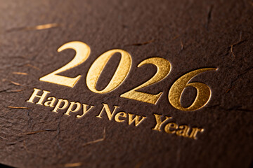 A close up of a brown textured card with golden happy new year and the year twenty twenty six on it 2026