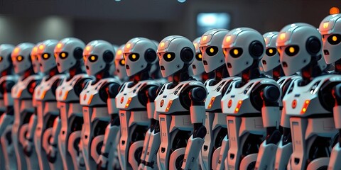 A legion of identical robots standing in formation, ready for deployment,  AI,  organized