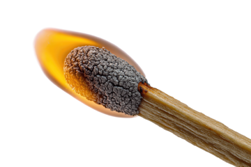 A wooden match captured mid-ignite with bright amber flame and textured sulfur head, isolated on transparent background.

