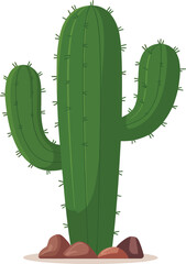 Cute Green Cactus Vector Illustration with Three Arms and Rocks