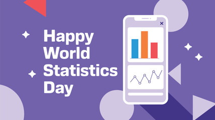 Vector art of happy world statistics day greeting with a smartphone showcasing a bar chart and line graph, set against a vibrant purple background