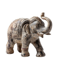 Obraz premium Stone elephant sculpture in gray tone with worn texture, engraved details, and small nicks, isolated on transparent background. 