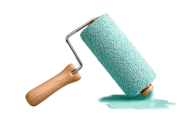 A paint roller with a natural wood handle and foam head coated in pastel teal paint, subtle stipple texture and soft drip visible, isolated on transparent background.
