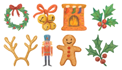 PNG Festive holiday-themed watercolor illustrations, element set on transparent background