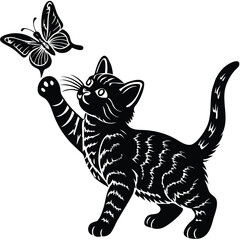 A striped cat is playing with a butterfly