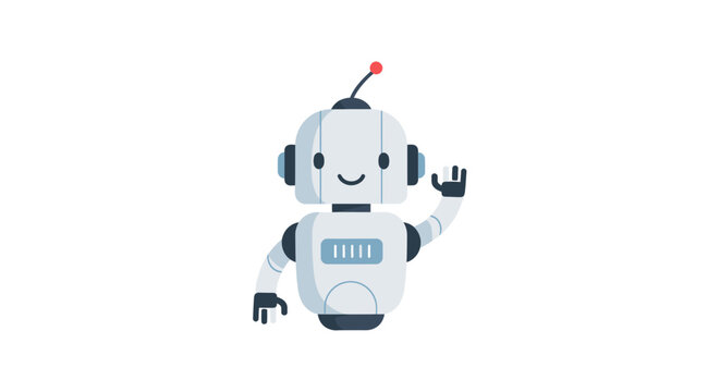 Friendly White Robot with Antenna Waving Hello Smiling.