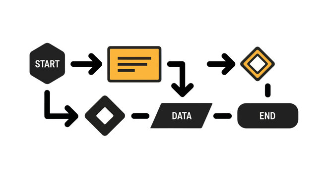 Simple Flowchart Diagram Illustrating a Process with Start Data and End Nodes.