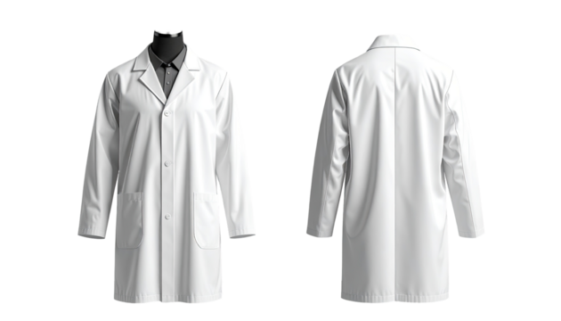 Front and back view of a white lab coat on a mannequin
