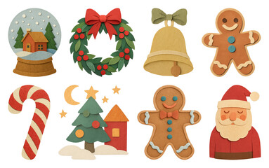 PNG Festive felt Christmas decorations collection, element set on transparent background