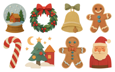 PNG Festive felt Christmas decorations collection, element set on transparent background