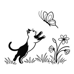 A black and white cat jumps to catch a butterfly