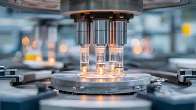 Ultracentrifuges separate particles in a biochemistry facility, with rotors accelerating, balances calibrating, tubes in adapters, and safety interlocks engaged, presented in a intense photo with