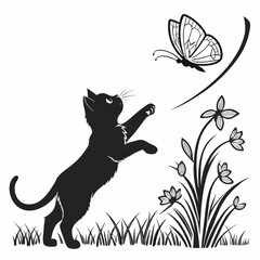 A playful black cat leaps to catch a butterfly