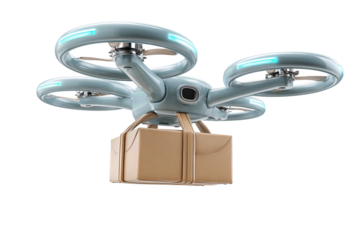 A matte graphite delivery drone with four propeller guards, cyan navigation LEDs, and a small kraft parcel suspended below, isolated on transparent background.
