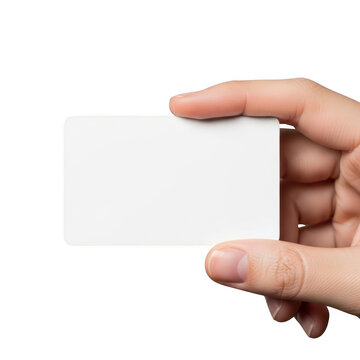 Hand holding blank white plastic card for identification or access purposes transparent background
