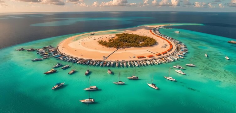 Aerial view of crowded Islamorada sandbar, boats anchored,  sand,  aerial