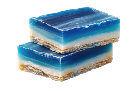 Two stacked blue soap bars with cream paper belly-bands featuring torn edges and translucent glycerin corners, offset arrangement, isolated on transparent background.
