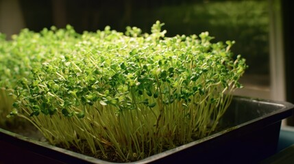 Fresh green microgreens growing in a tray under soft lighting