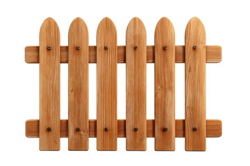 Wooden garden fence section in cedar tone with vertical pickets and dual crossbars, realistic texture and joinery, isolated on transparent background.