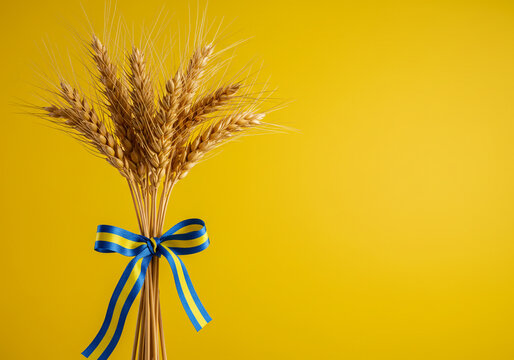 Golden wheat tied with Ukrainian ribbon against vibrant yellow background offers message of hope and solidarity, representing resilience and unity