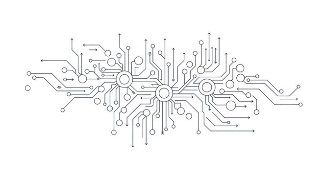 Detailed Black and White Circuit Board Diagram Illustration.