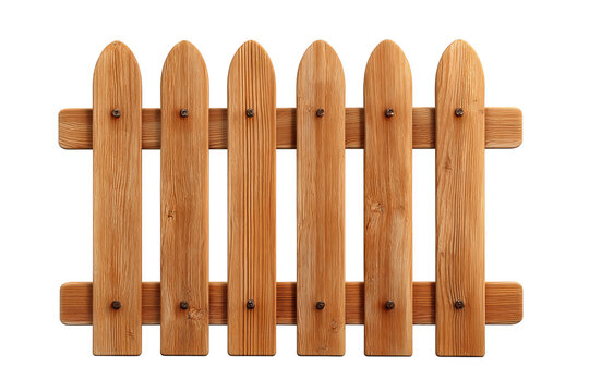 Wooden garden fence section in cedar tone with vertical pickets and dual crossbars, realistic texture and joinery, isolated on transparent background.