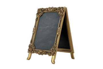 Decorative brass-framed chalkboard with vintage floral detailing and dusty slate surface, elegant tabletop size, isolated on transparent background.
