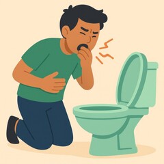 A person kneeling by a toilet experiencing nausea and sickness with hands covering mouth