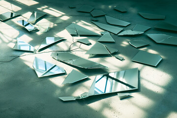 Broken mirror shards on concrete floor in sunlight – reflective fragments concept