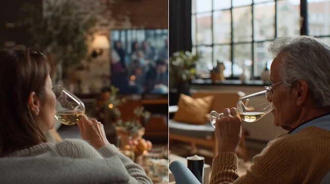 Conceptual split-screen image showing a young couple in a city apartment toasting with wine over video call to their parents in a cozy, traditional home &mdash; modern connection, timeless love.
