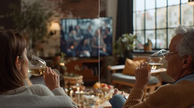 Conceptual split-screen image showing a young couple in a city apartment toasting with wine over video call to their parents in a cozy, traditional home &mdash; modern connection, timeless love.
