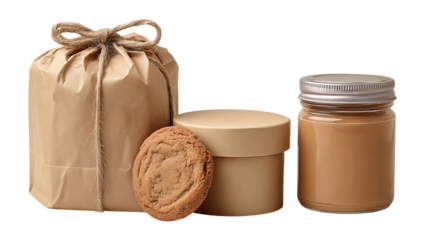 Bakery-themed gift set featuring a kraft bag, cookie tin, and caramel jar in soft beige tones with organic textures, neatly aligned, isolated on transparent background.
