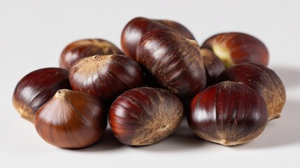 Obraz premium Close up arrangement of roasted chestnuts on a plain background