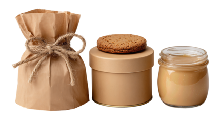 Bakery-themed gift set featuring a kraft bag, cookie tin, and caramel jar in soft beige tones with organic textures, neatly aligned, isolated on transparent background.
