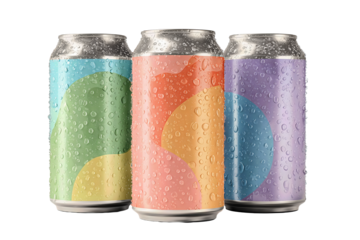 Three aluminum cans of craft soda with brushed metallic texture and pastel labels in sage, coral, and indigo tones, aligned in a soft arc and covered with condensation droplets, isolated on transparen