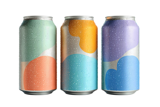 Three aluminum cans of craft soda with brushed metallic texture and pastel labels in sage, coral, and indigo tones, aligned in a soft arc and covered with condensation droplets, isolated on transparen