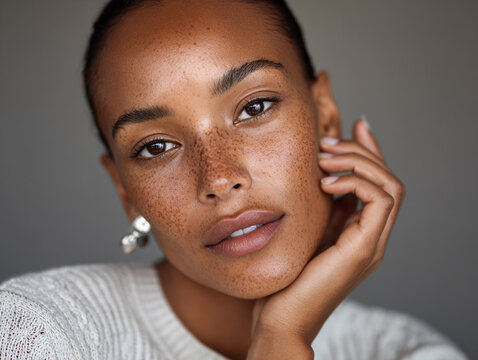 Woman with hyperpigmentation confidently facing camera during skincare shoot 