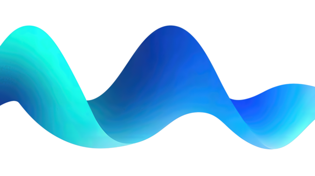 Fluid audio waveform design with cobalt and aqua gradient tones, thicker midsection peaks and soft upward diagonal flow, isolated on transparent background.
