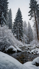 Snow Covered Forest with River Stream in Winter Landscape.