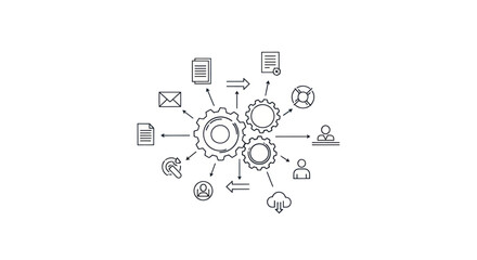 Fototapeta premium Interconnected Gears and Data Flow Illustration on White Background.