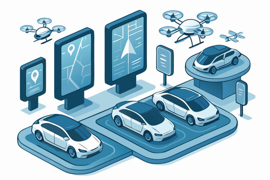 Isometric Illustration of Autonomous Vehicles Drones and Navigation Displays