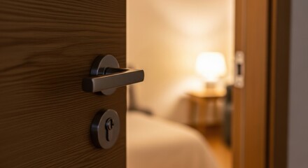 Sleek polished door handle on partially open door, warm light from room beyond, shallow depth of field, minimalist design

