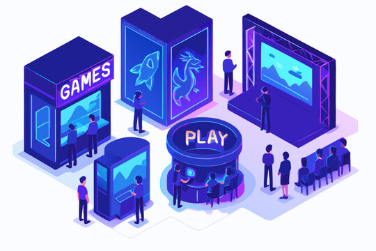 Isometric View of a Modern Gaming Convention with Various Interactive Displays